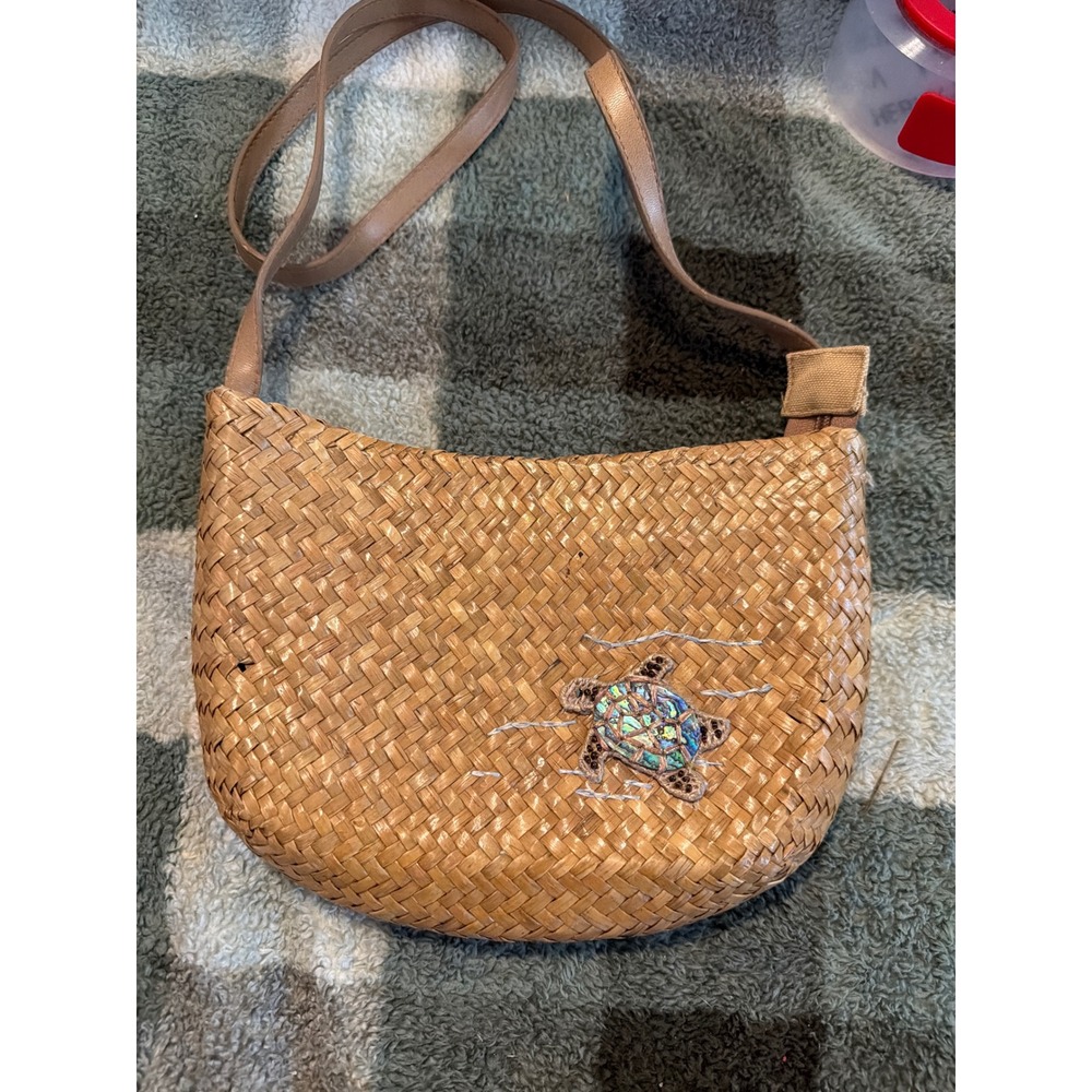 Cappelli Straworld Woven Straw Sea Turtle Abalone Shell Crossbody Bag Tan Small